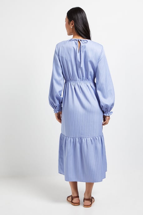 Petite Shirred Bodice Tiered Stripe Midi Dress - Image 3