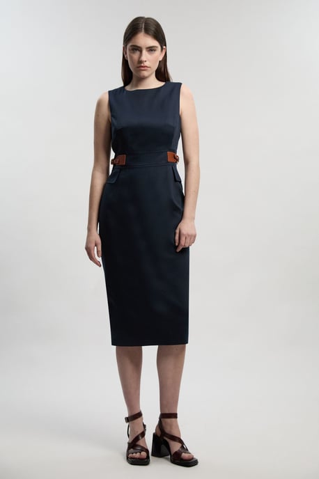 Tailored Linen Tab Waist Pencil Midi Dress - Image 1