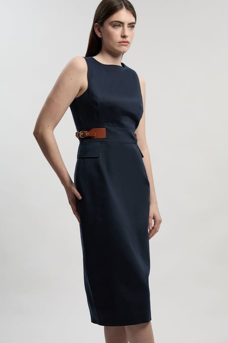Tailored Linen Tab Waist Pencil Midi Dress - Image 2