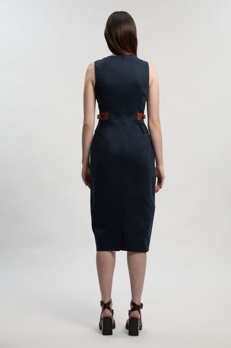 Tailored Linen Tab Waist Pencil Midi Dress - Image 4