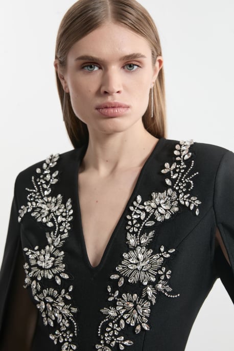 Bandage Form Fitting Cape Sleeve Embellished Mini Dress - Image 2