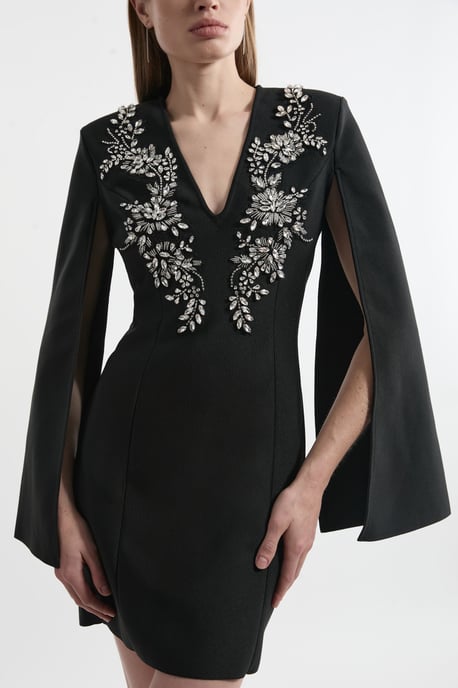 Bandage Form Fitting Cape Sleeve Embellished Mini Dress - Image 3