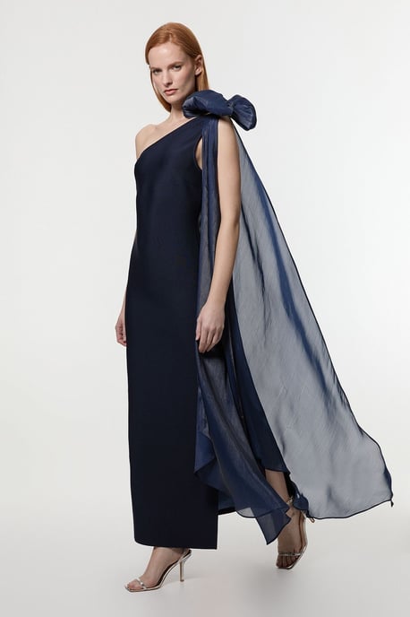 Bandage Figure Form Knit Woven Cape Detail Maxi Dress - Image 1