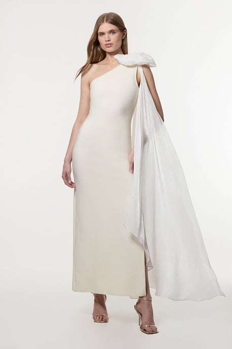 Bandage Figure Form Knit Woven Cape Detail Maxi Dress - Image 1