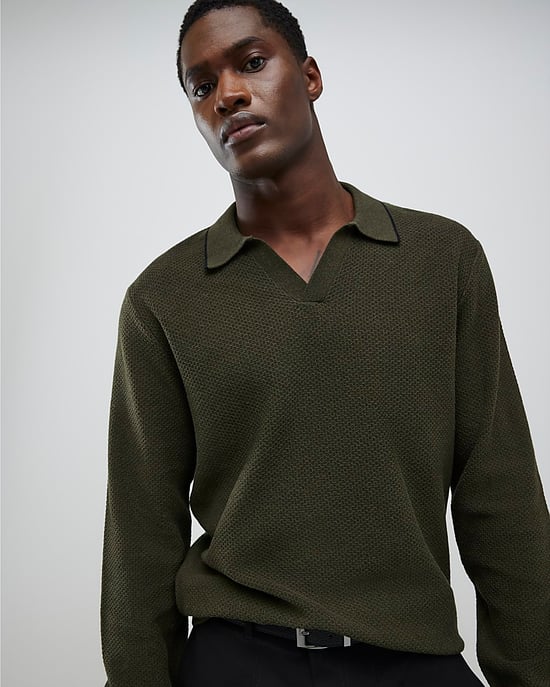 River Island Mens Jumper Khaki Regular Fit Open Collar - Image 1