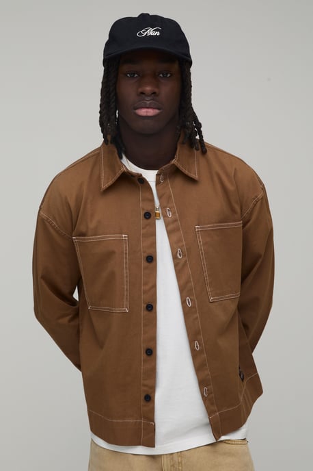 Regular Fit Contrast Stitch Twill Boxy Overshirt - Image 1