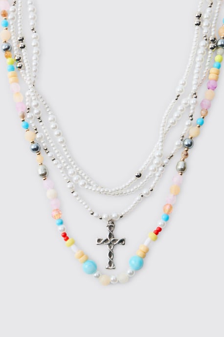 Beaded Multi Layered Cross Necklace - Image 2