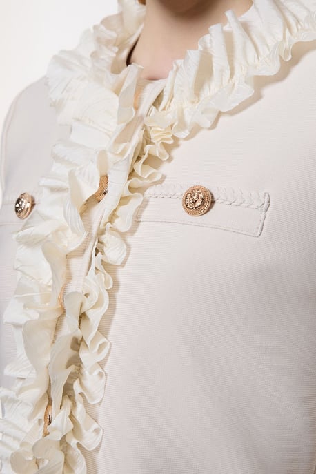 Figure Form Bandage Knit Jacket With Woven Ruffle Trim - Image 2