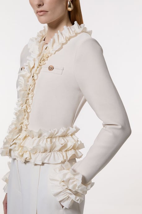 Figure Form Bandage Knit Jacket With Woven Ruffle Trim - Image 3