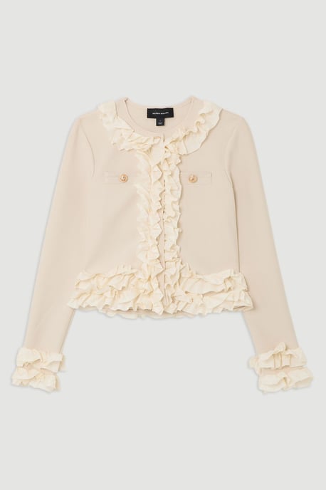 Figure Form Bandage Knit Jacket With Woven Ruffle Trim - Image 4