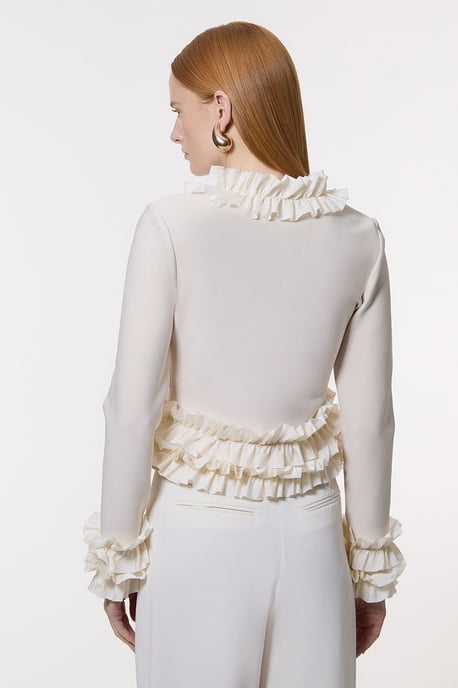 Figure Form Bandage Knit Jacket With Woven Ruffle Trim - Image 5