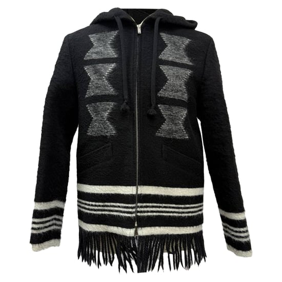 Saint Laurent Embroidered Fringed Hoodie in Black Alpaca - Image 1