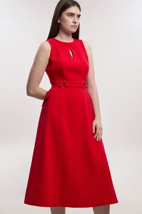 Compact Stretch Belted Seamed Full Skirted Midi Dress - Image 2