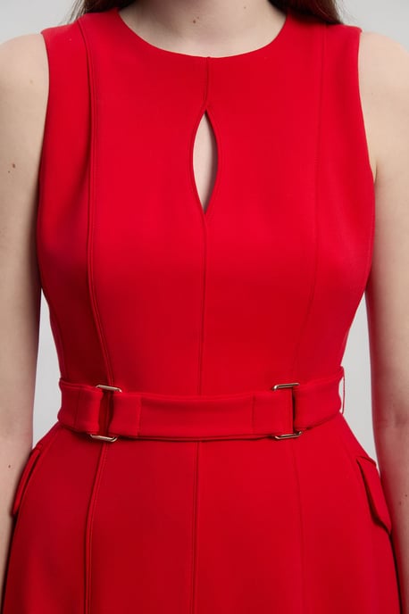 Compact Stretch Belted Seamed Full Skirted Midi Dress - Image 3