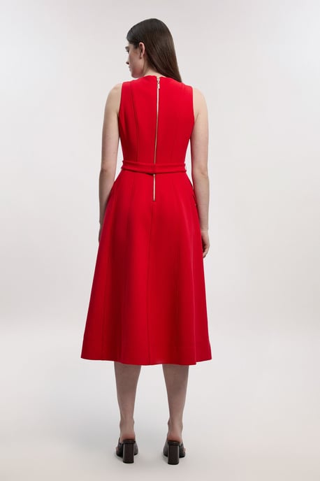 Compact Stretch Belted Seamed Full Skirted Midi Dress - Image 4