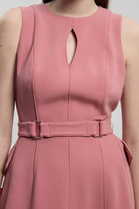 Compact Stretch Belted Seamed Full Skirted Midi Dress - Image 3