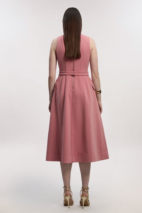 Compact Stretch Belted Seamed Full Skirted Midi Dress - Image 4