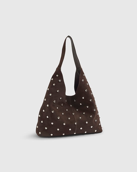 River Island Womens Slouch Shoulder Bag Brown Suede Studded - Image 1