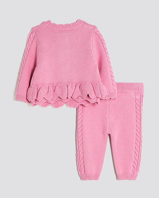 River Island Baby Girls Cardigan Set Pink 2 Piece Bow Peplum Hem - Image 2