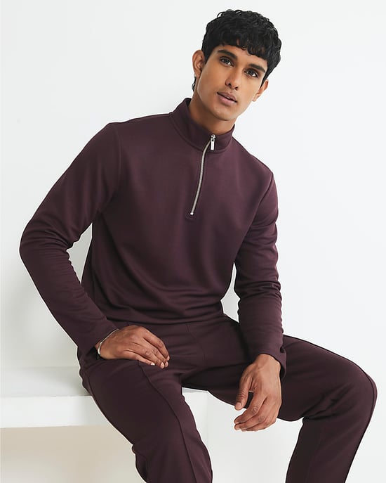 River Island Mens Sweatshirt Red Slim Fit Quarter Zip Funnel - Image 2