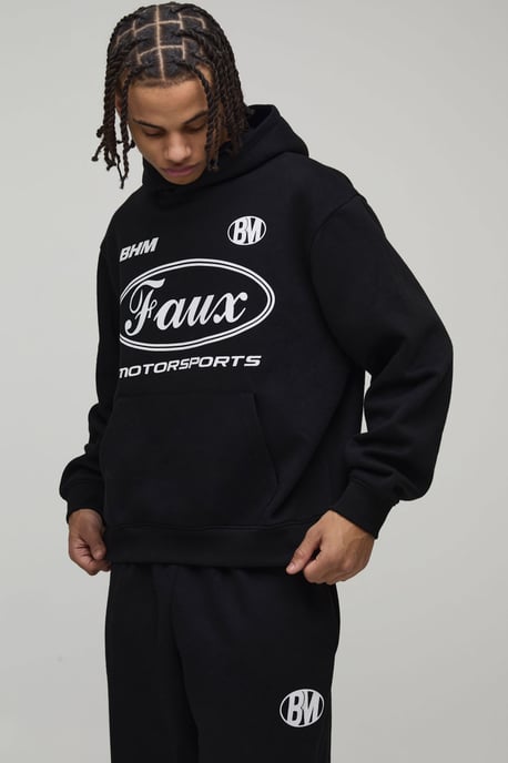Oversized Boxy Moto Faux Graphic Hooded Tracksuit - Image 1