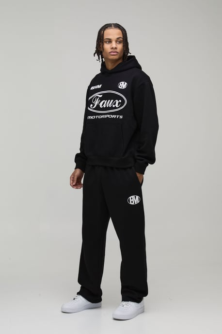 Oversized Boxy Moto Faux Graphic Hooded Tracksuit - Image 4