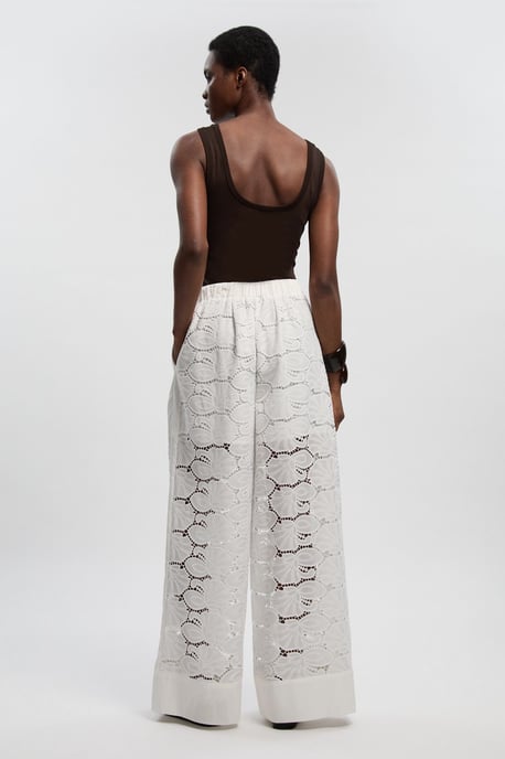 Cotton Cutwork Panelled Woven Wide Leg Trouser - Image 4