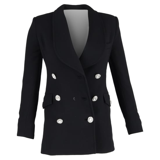 Alessandra Rich Double-Breasted Crystal Button Blazer in Black Wool - Image 1