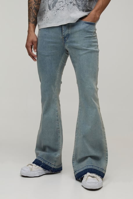 Stonewash Worn Look Stretch Flared Jeans - Image 1