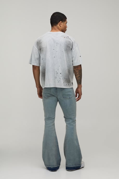 Stonewash Worn Look Stretch Flared Jeans - Image 2