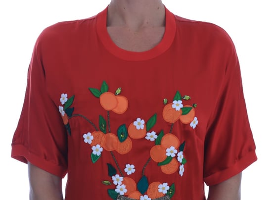 Dolce & Gabbana Women's Red Silk Oranges Floral Crystal Blouse - Image 2