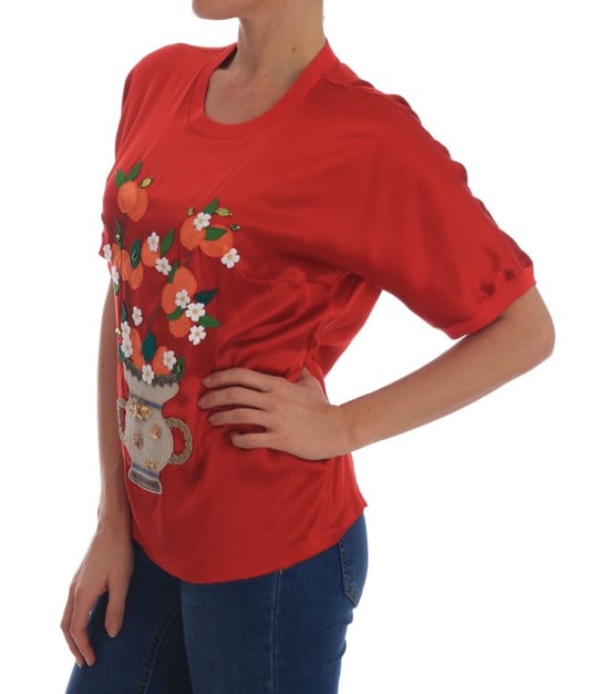 Dolce & Gabbana Women's Red Silk Oranges Floral Crystal Blouse - Image 5