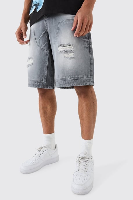 Ripped Carpenter Denim Jorts In Grey - Image 1