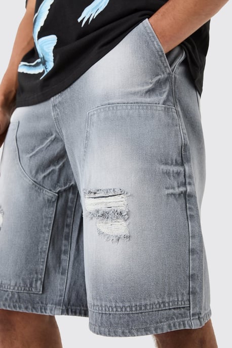 Ripped Carpenter Denim Jorts In Grey - Image 3