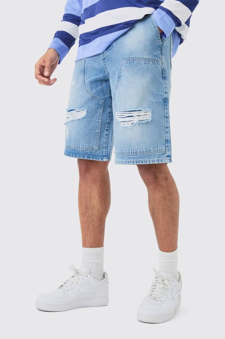 Relaxed Rigid Ripped Carpenter Denim Jorts In Light Blue - Image 1