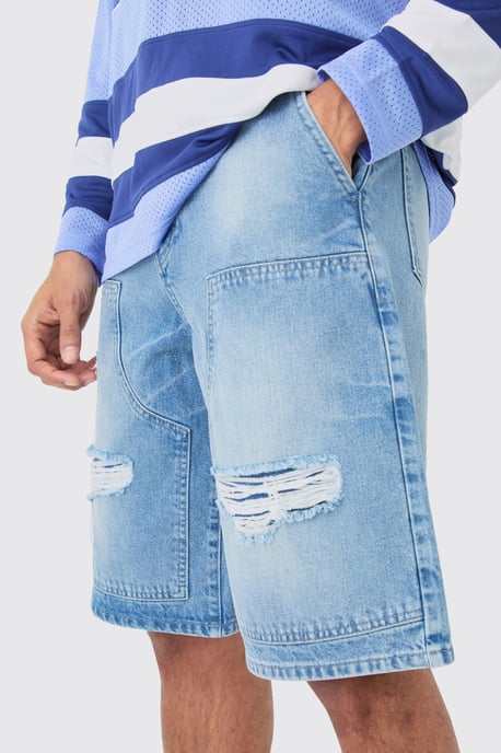 Relaxed Rigid Ripped Carpenter Denim Jorts In Light Blue - Image 3