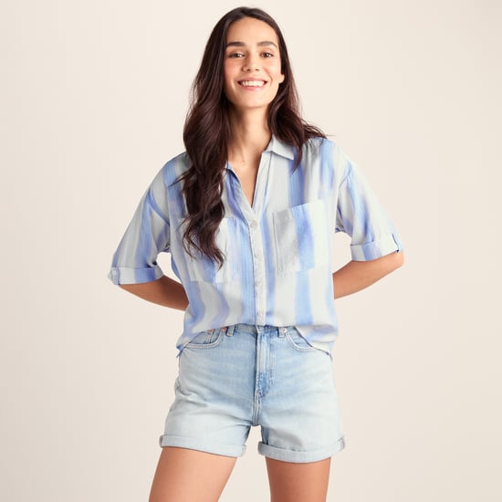 Julie Womens Short Sleeve Seersucker Blouse - Blue Hues Print - Image 3
