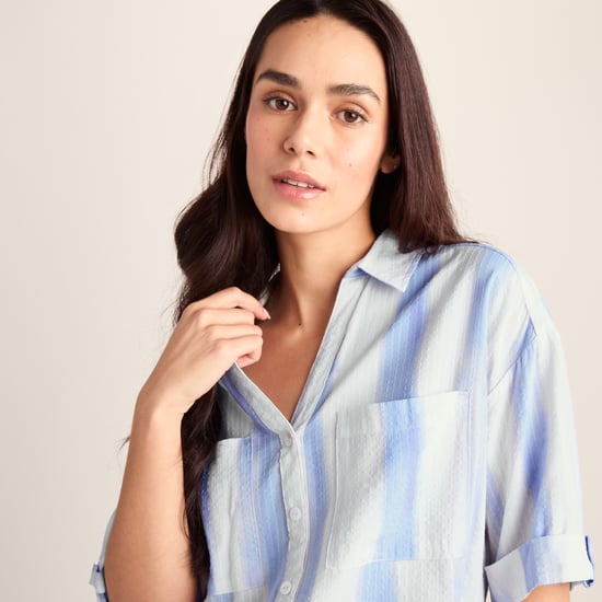 Julie Womens Short Sleeve Seersucker Blouse - Blue Hues Print - Image 6
