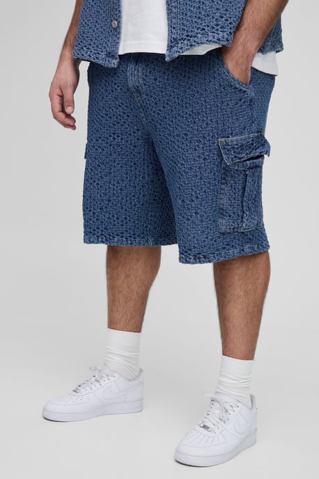 Plus Textured Denim Relaxed Fit Cargo Shorts - Image 1