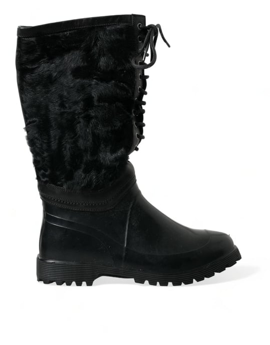 Dolce & Gabbana Black Rubber Lace Up Shearling Rain Boots Shoes - Image 1