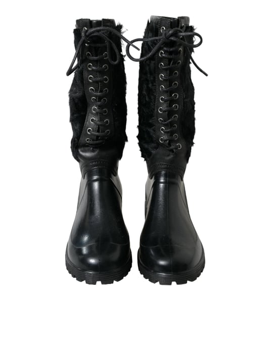 Dolce & Gabbana Black Rubber Lace Up Shearling Rain Boots Shoes - Image 2