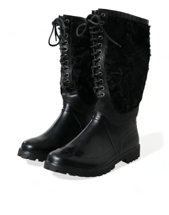 Dolce & Gabbana Black Rubber Lace Up Shearling Rain Boots Shoes - Image 3