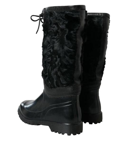 Dolce & Gabbana Black Rubber Lace Up Shearling Rain Boots Shoes - Image 4