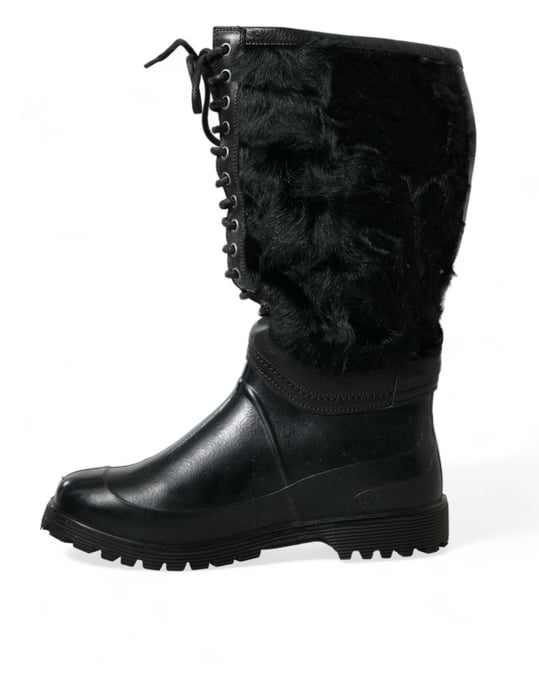 Dolce & Gabbana Black Rubber Lace Up Shearling Rain Boots Shoes - Image 5