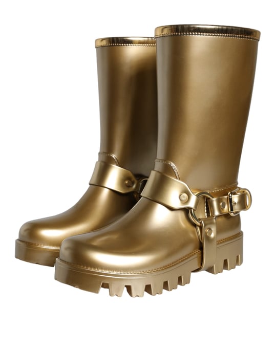 Dolce & Gabbana Metallisk Guld Gummi PVC Regnstövlar Skor - Image 3