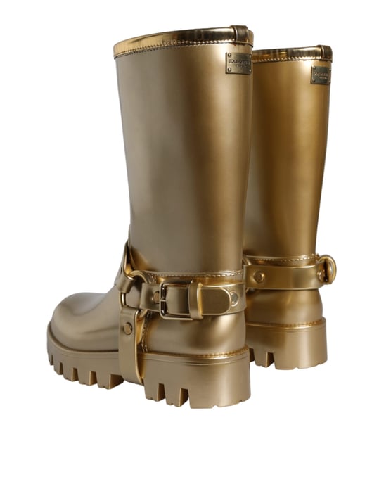 Dolce & Gabbana Metallisk Guld Gummi PVC Regnstövlar Skor - Image 4