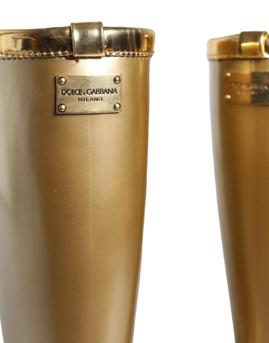 Dolce & Gabbana Metallisk Guld Gummi PVC Regnstövlar Skor - Image 5