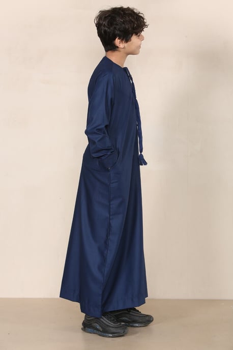 Marineblauwe Thobe Emirati Jubba Islamitische kleding voor jongens, kaftan met Eid-koord en kwastjes - Image 2