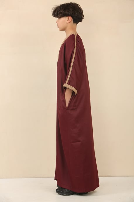 Kid's Boys Burgundy Marockan Thobe Jubba Robe Eid Djellaba Gandoura - Image 2