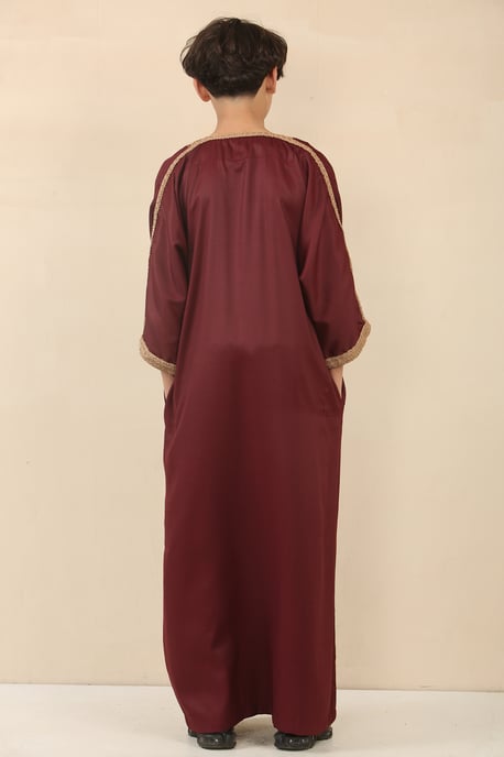 Kid's Boys Burgundy Marockan Thobe Jubba Robe Eid Djellaba Gandoura - Image 3